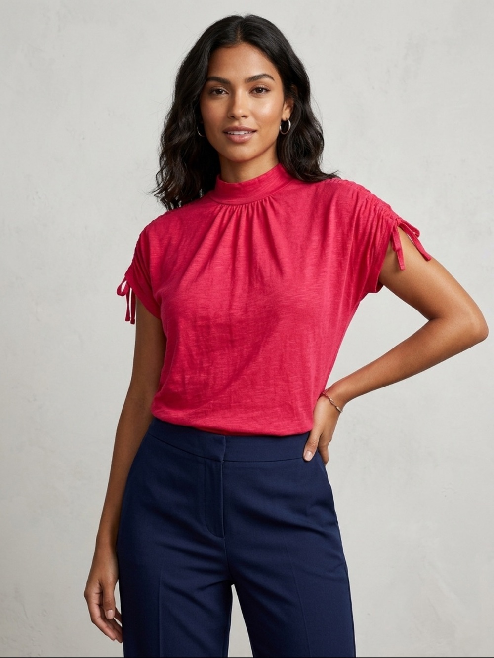 Anthropologie Magenta Ruched Sleeve Mock Neck Top - XS
